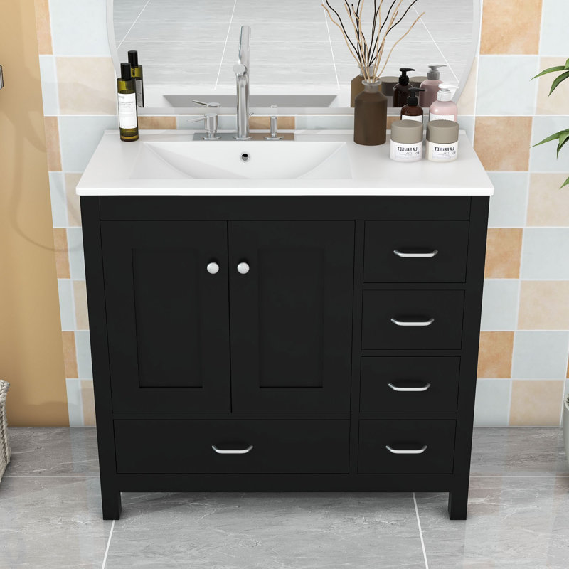 Modern Wooden Freestanding Single Bathroom Vanity with Ample Storage and Ceramic Basin, Black