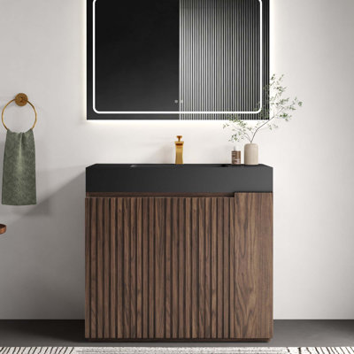 Meuble-lavabo autoportant de 91 cm (36 po) avec rangement et lavabo intégrés pour salle de bain moderne, lavabo monobloc sans bonde ni robinet, à monter soi-même