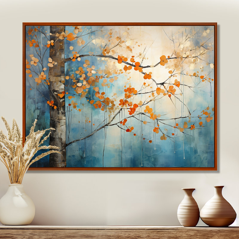 Érable orange sarcelle brillant, braises II - Art mural érable, H 16 po x l 32 po, Reproduction avec cadre flottant, Maple