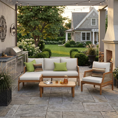 4-Piece Acacia Wood Outdoor Sectional Set with Coffee Table and Ottoman