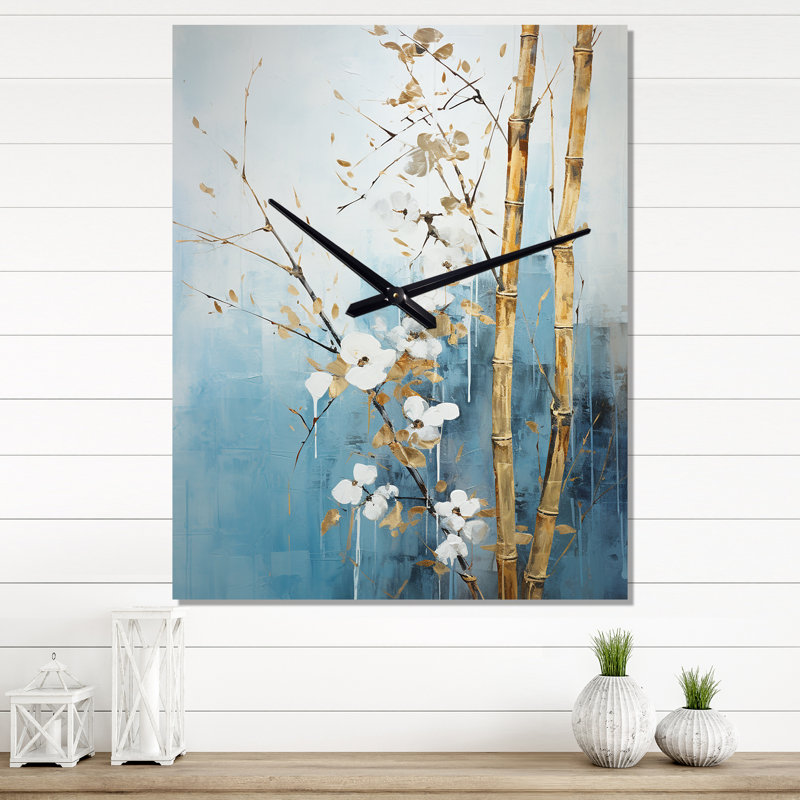 Minimalisme bleu et bambou doré - Horloges murales en bambou, Grand