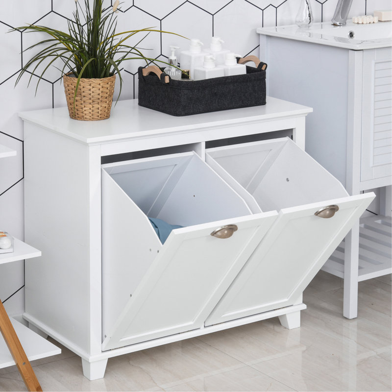 Tilt-Out Laundry Sorter Bathroom Cabinet, White, White