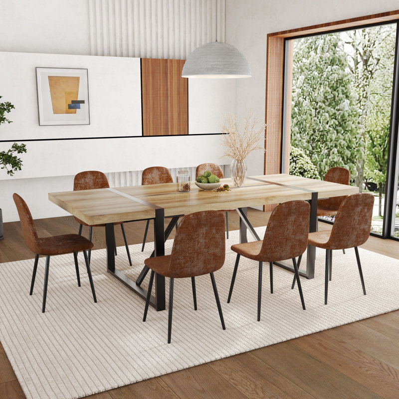 87 Inch Wood Dining Table Set With PU Leather Upholstered Dining Chair, Brown, 9 Pieces: Table, 8 Chairs