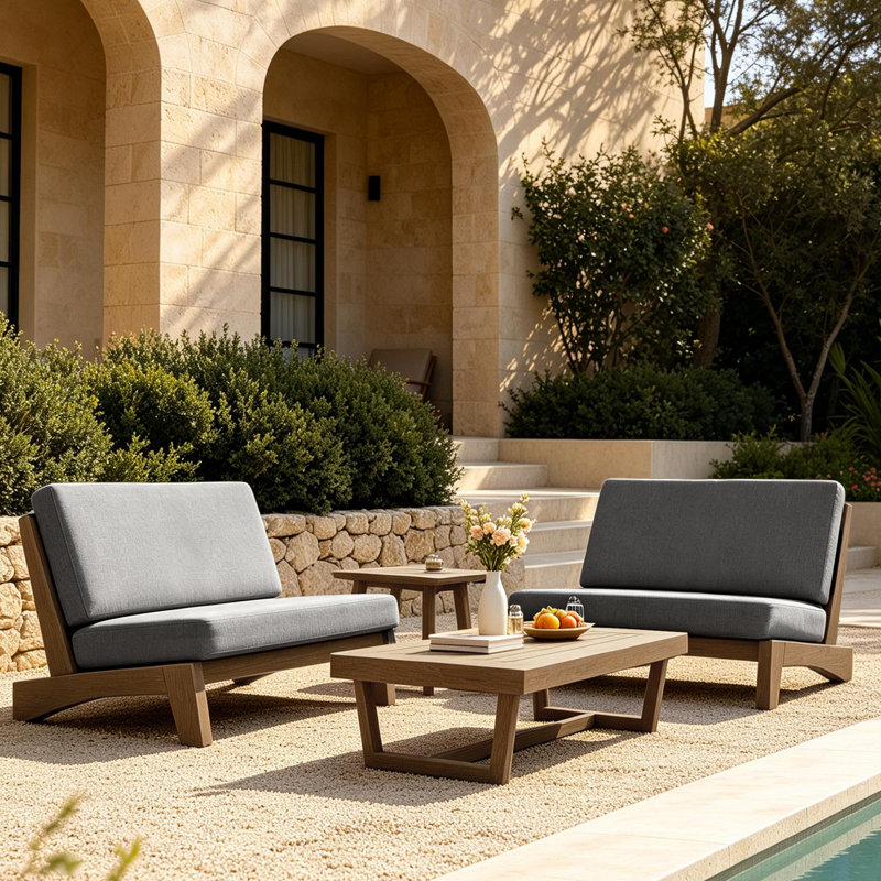 Ensemble de conversation Polett, 4 pièces: 2 tables, 2 causeuses, Gris, Brown
