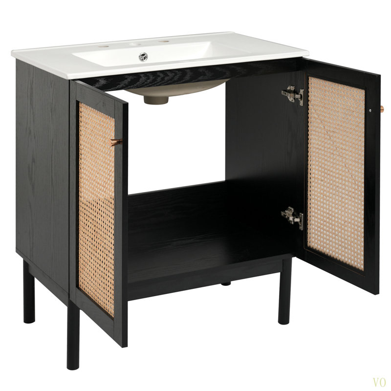 Meuble-lavabo de 30 pouces fabriqué à partir de matériaux naturels, avec des portes en rotin faites à la main et des mécanismes de fermeture en douceur