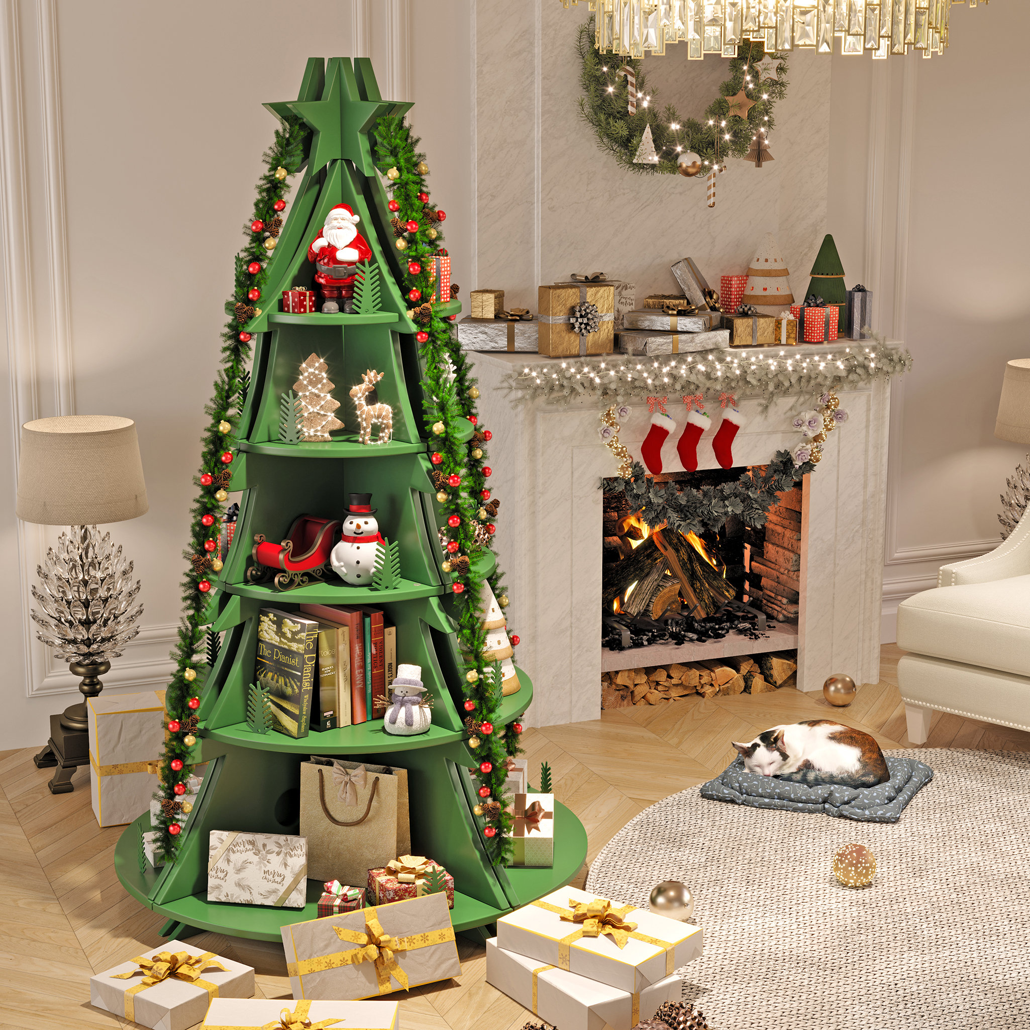 The Holiday Aisle® Corner Bookshelf Christmas Tree Bookcase Storage ...