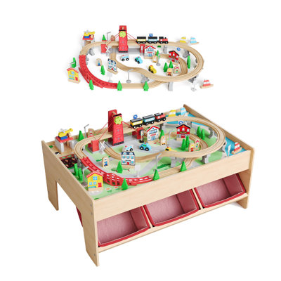 2-in-1 Wooden Train Table Set for Kids – 90-Piece City Railway Track Playset – Multi-Purpose Activity Table with 3 Storage Bins – Educational Toy for Ages 3+ – for Playroom