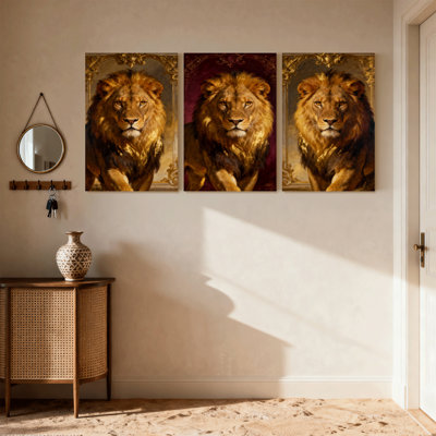 Animaux, lion, cadre doré, ensemble de 3 impressions sur toile
