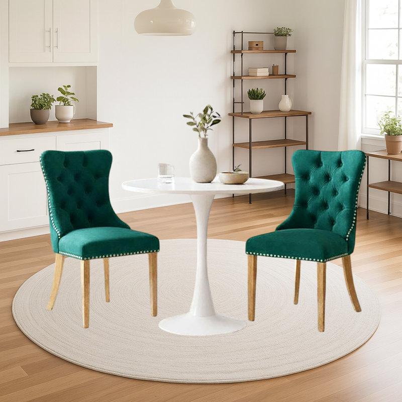Ensemble de table de salle à manger, table de salle à manger ronde de 24 po et 2 chaises de salle à manger en velours avec pieds plaqués or