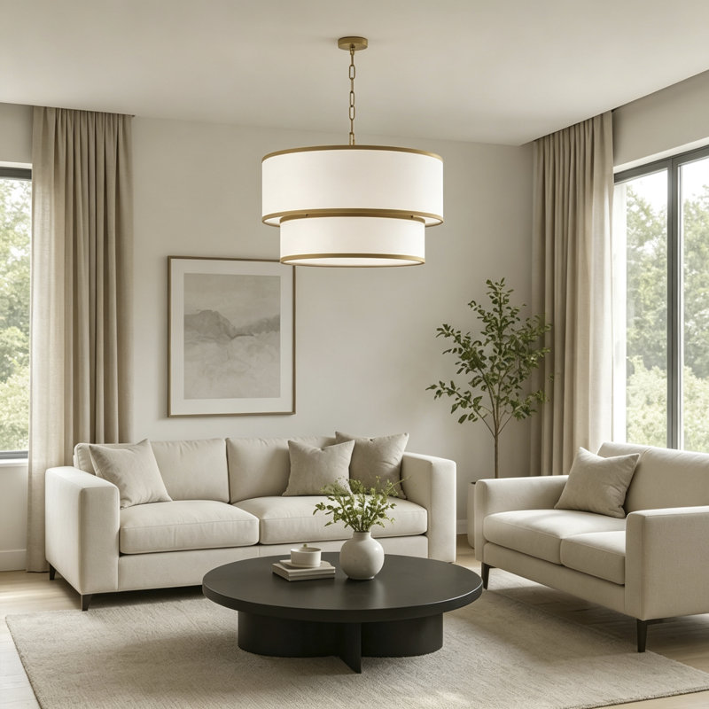Agathon 5-light White Fabric Drum Chandelier, Gold