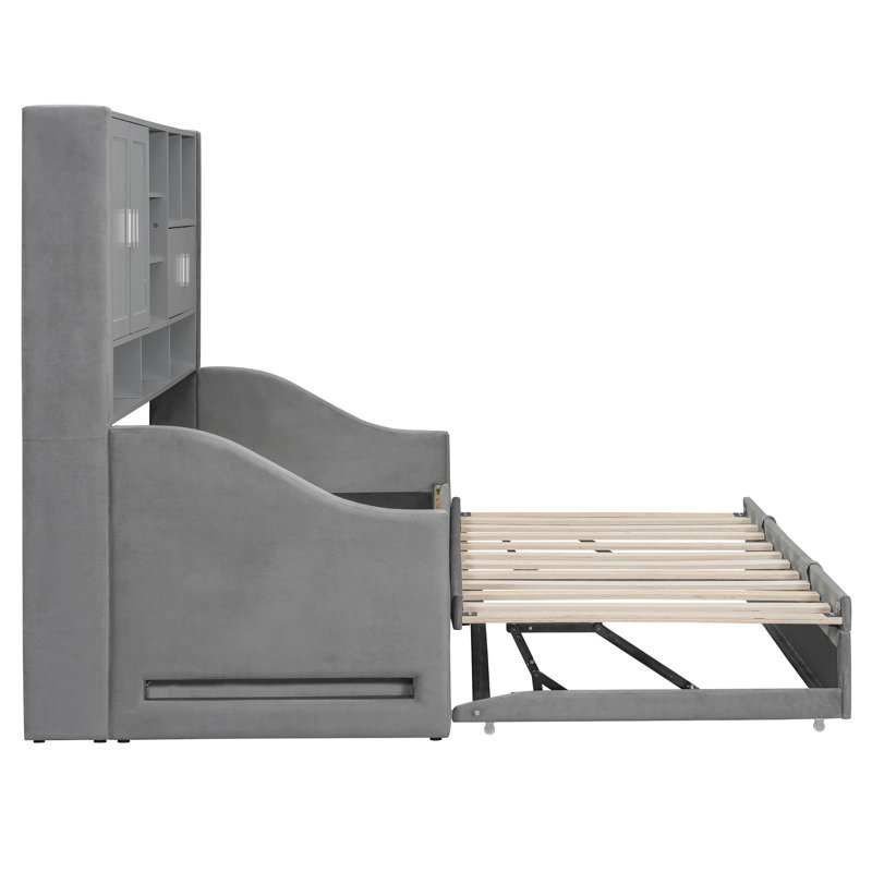 Lit de jour gris avec accoudoirs à DEL, tablettes de rangement et lit gigogne escamotable gris, Gris