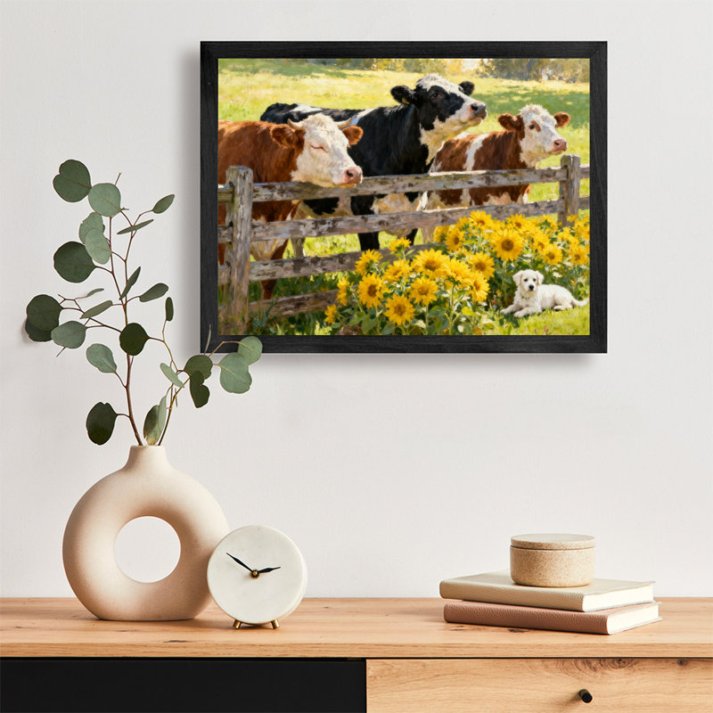 Art encadré noir rétro Les vaches en attente de tournesols dans la clôture, impressions sur toile de style rétro