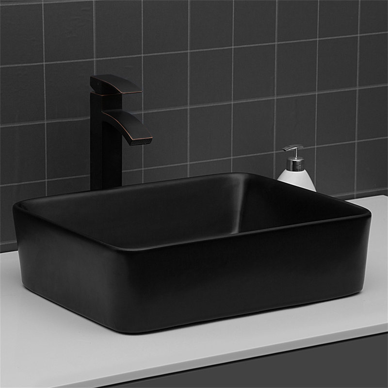 19"X15" Black Ceramic Rectangular Vessel Bathroom Sink, Black