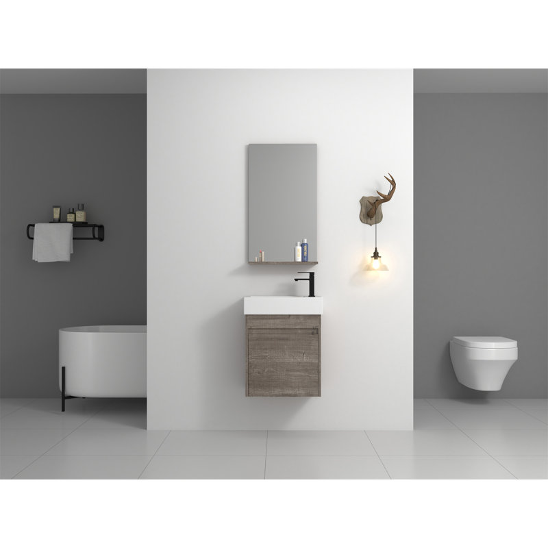 Meuble-lavabo mural simple avec plateau en résine Anwon, Chêne gris carreauté