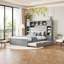 Élégant grand lit en bois avec rangement, gigogne et prises de courant intégrées - Lit plateforme gris moderne pour une vie confortable et connectée-472287469