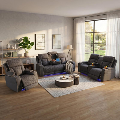 Ensemble de canapé inclinable électrique 3 pièces avec lumières DEL, ensemble de mobilier de salon inclinable électrique avec causeuse et fauteuil, ensemble de canapé inclinable en cuir avec chargement USB / porte-gobelets / rangement, bleu-gris