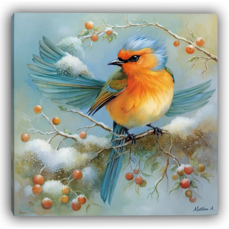 Frosted joy winter bird canvas wall art, 30" H x 30" W