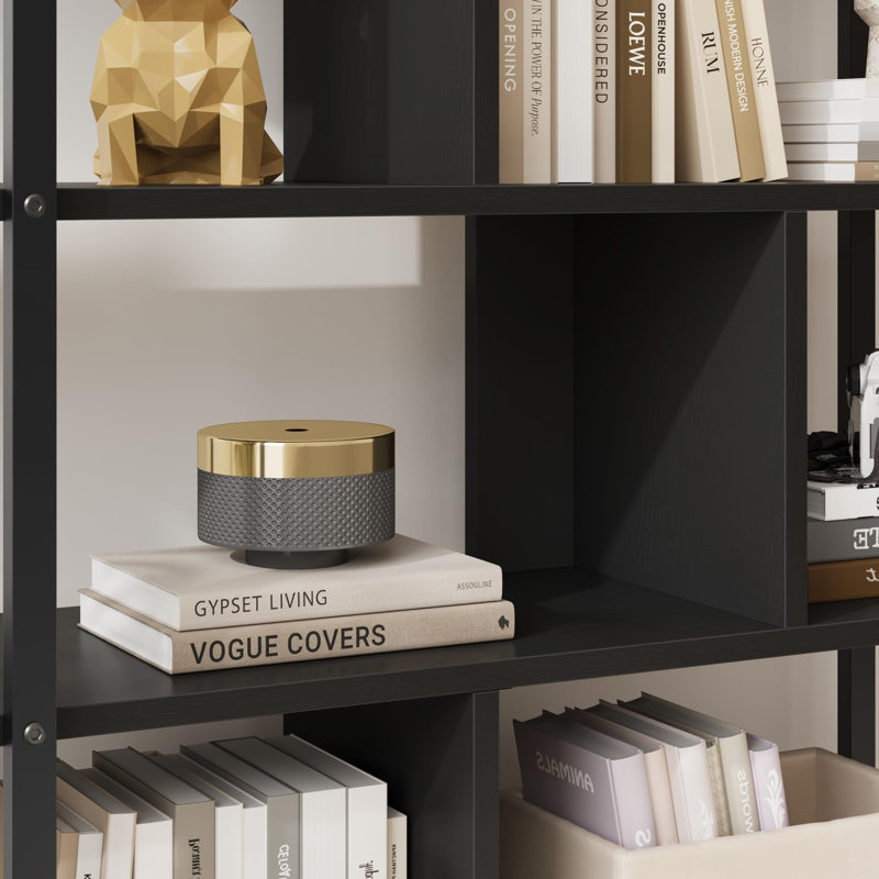 5-Tier Rattan Bookshelf with Storage Cabinet, 71" Industrial Wood & Metal Bookcase with Doors and Open Shelves, Black
