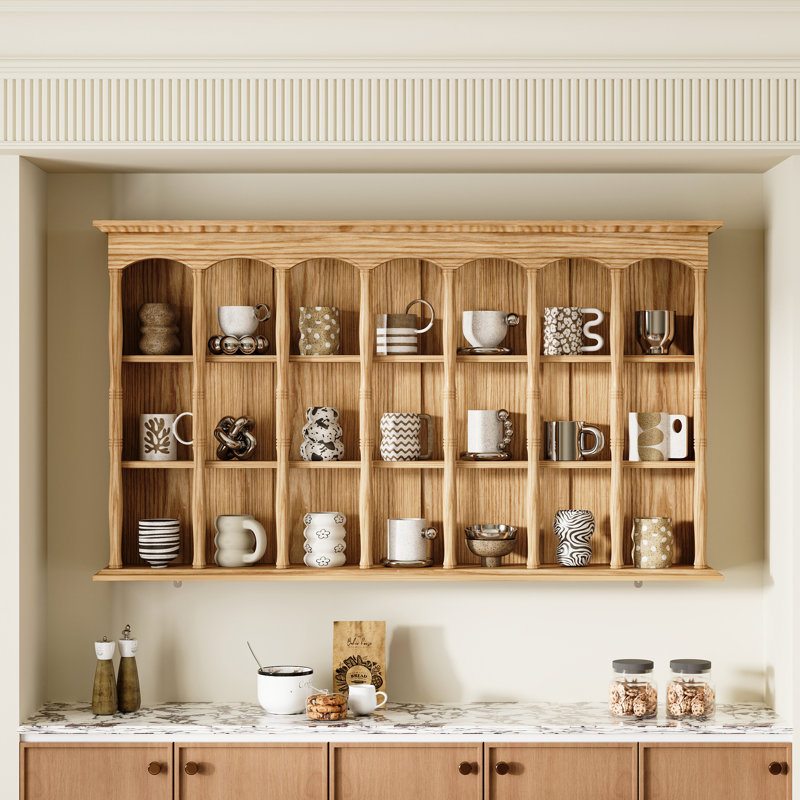55.1" W Wall-Mounted Display Shelf with Multi-Compartment Open Storage & Arched Wood-Grain Design