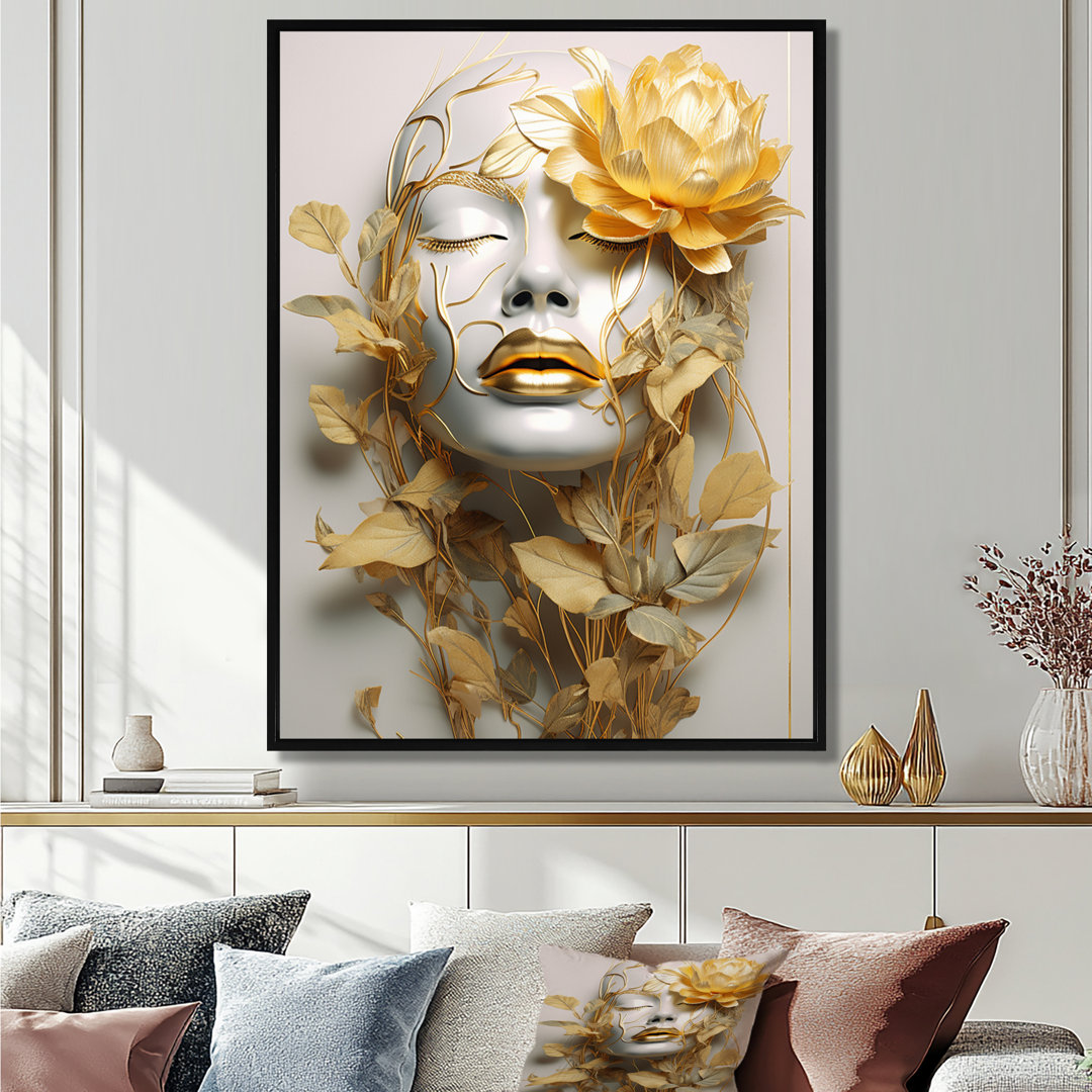 White and gold woman portrait with leaves II - Fashion Woman Canvas Print Mercer41 Overall