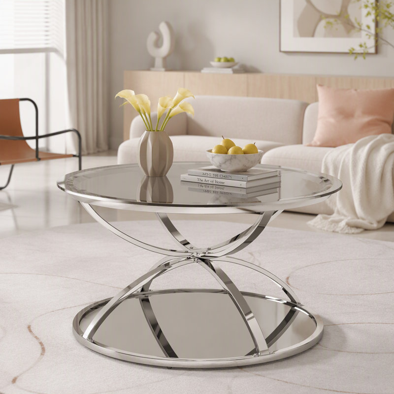 Table basse moderne en verre 31,50 "avec 2 niveaux, Silver