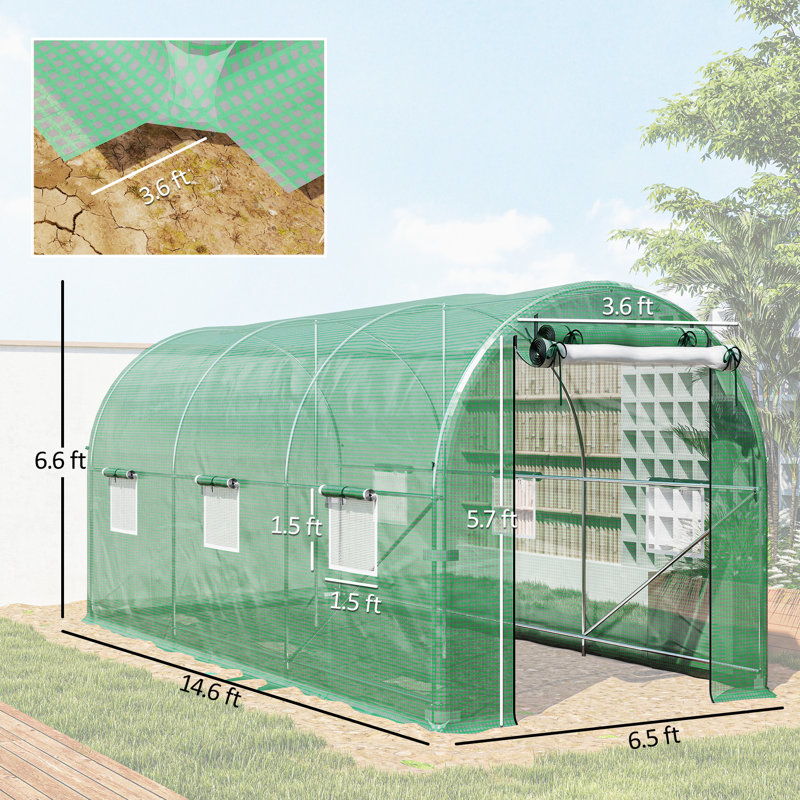 Outsunny 14.6'x6.5'x6.6' Hoop House Greenhouse with 2 Support Rods, Zippered Roll-up Mesh Door, Mesh Windows, Walk-in Tunnel Greenhouse with PE Cover, Galvanized Steel Frame, Outdoor Garden, Green