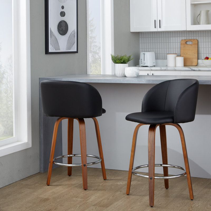 Terrance Fixed-Height Bar & Counter Stools With Bent Wood Legs & Round Footrest, Counter Stool (25” Seat Height)”