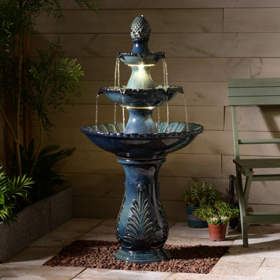 3-Tier Black Ceramic Fountain, Decorative Water Fountain with LED Lights and Quiet Pump, Indoor Outdoor Water Feature for Patio, Garden, Deck, Balcony, Office and Home Décor, Relaxing Cascading Water Design