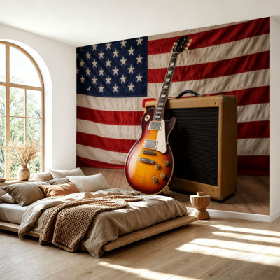 Wall Mural Peel and Stick Wallpaper American music guitar flag Self-Adhesive Removable Contact Paper Wall Decor for Living Room Bedroom 69"H x 96"W