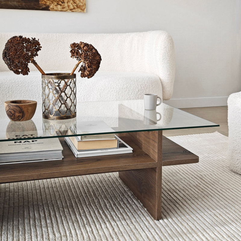 Table basse moderne avec plateau 100% verre trempé, 41,3 po x 13,8 po x 25,6 po | Structure durable en panneau de particules enduit 100% mélamine, épaisseur: 0,7 pouce | Design élégant pour le salon, décoration intérieure élégante et fonctionnell
