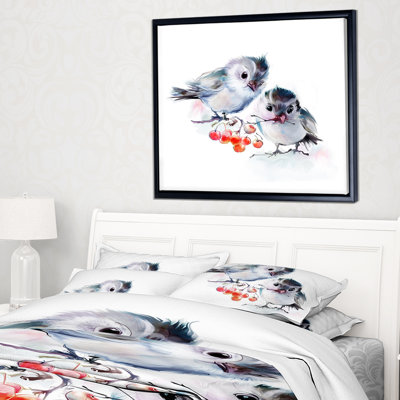 Oiseaux sur une branche avec des baies rouges - reproduction sur toile