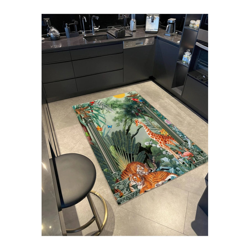 Wild Forest Themed Giraffe And Parrot Patterned Modern Decorative Carpet, Rectangle 2'4" x 4'