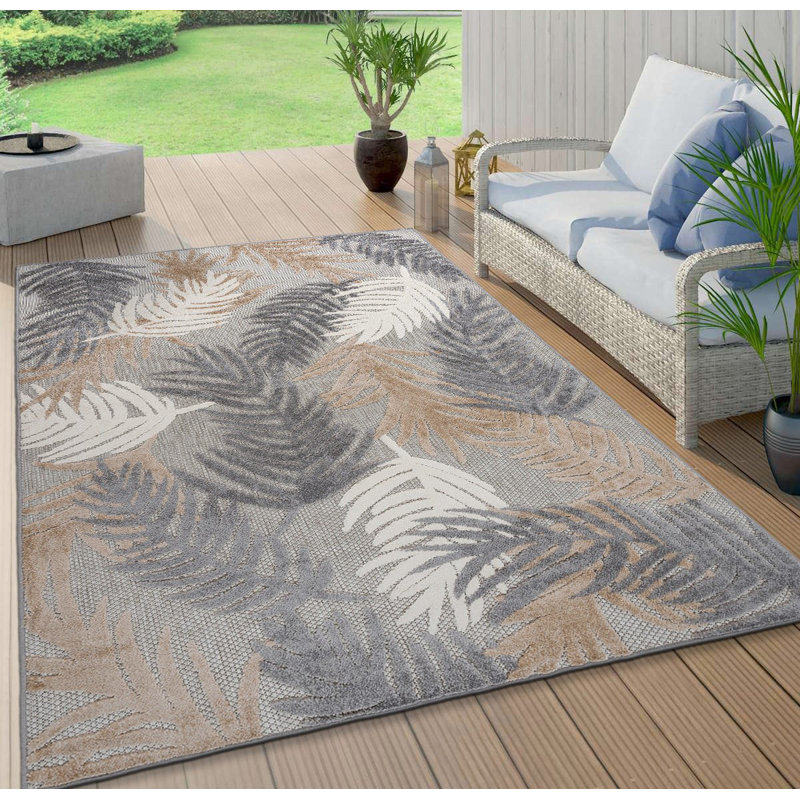 Tapis d'intérieur et d'extérieur à motif floral beige / gris / brun Hernandez, Rectangle 5 pi x 7 pi