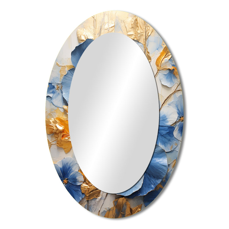 Miroir mural ovale bleu et doré, H 36 po x l 24 po