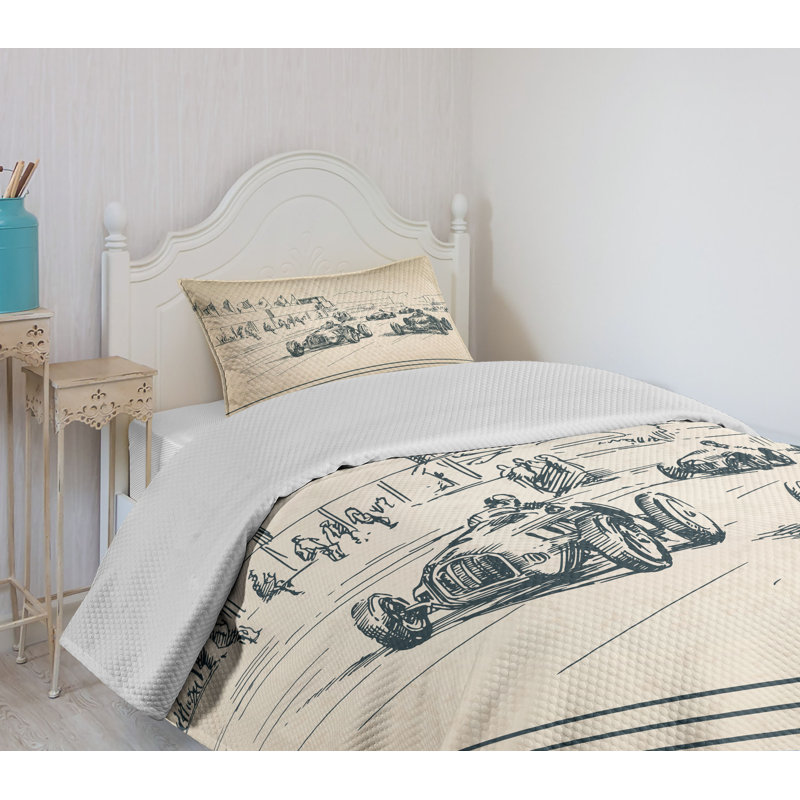 Twin Beige and Forest Green Racing Car Sketch Bedspread Set