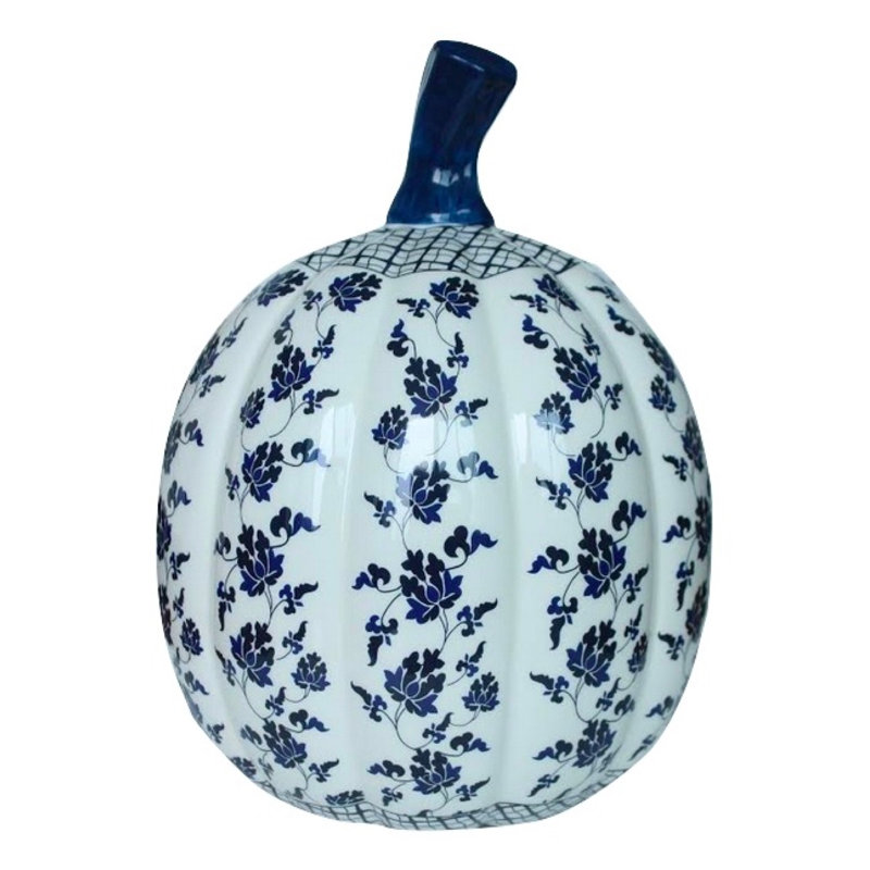 Large Blue and White Porcelain Floral Pumpkin Decor