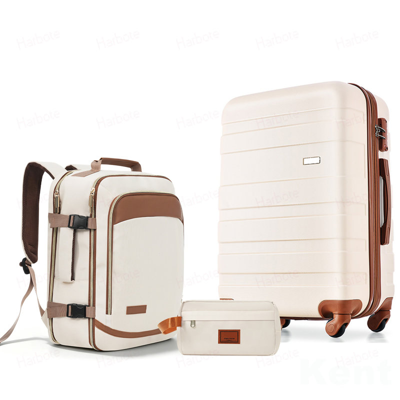Ensemble de bagages 3 pièces - Valise à carreaux 28 po avec sac de toilette à sec TSA, Ivoire ivoire