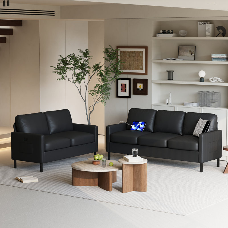 Ensemble de salon en similicuir 5 places avec ports USB, Noir