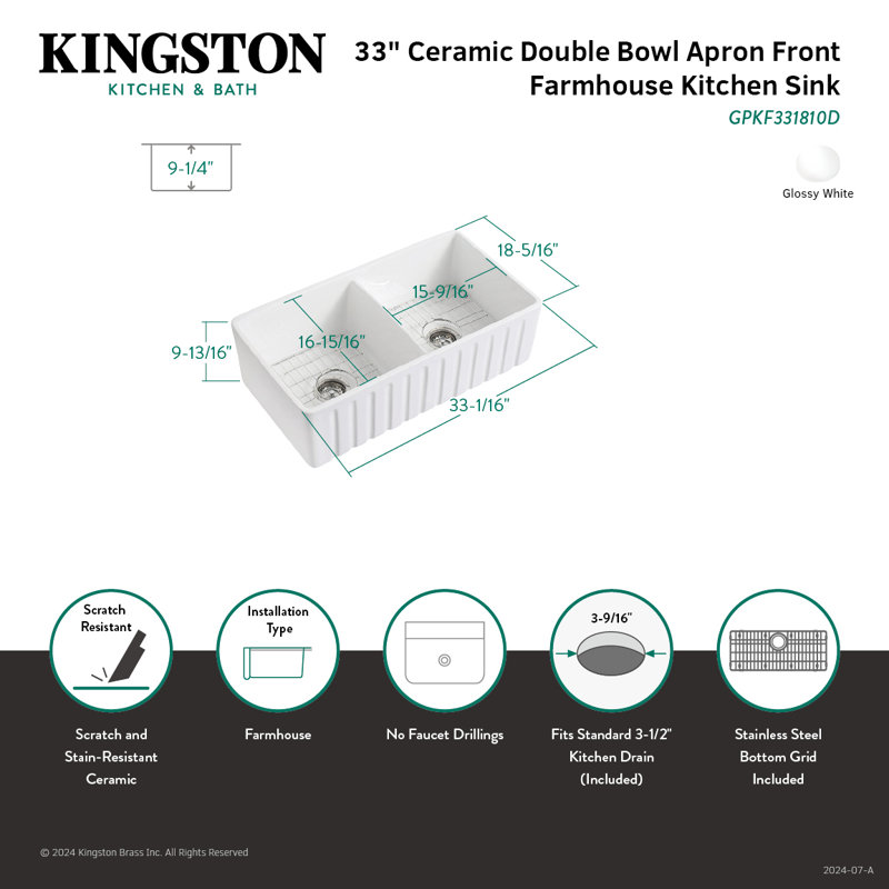 Kingston Brass Kaolin 33-Inch Ceramic Apron-Front Double Bowl Farmhouse Kitchen Sink with Bottom Grid and Strainer