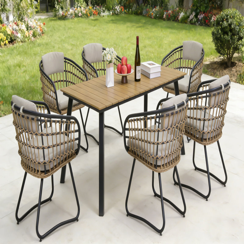 7-Piece Outdoor Wicker Dining Set With Acacia Wood Table