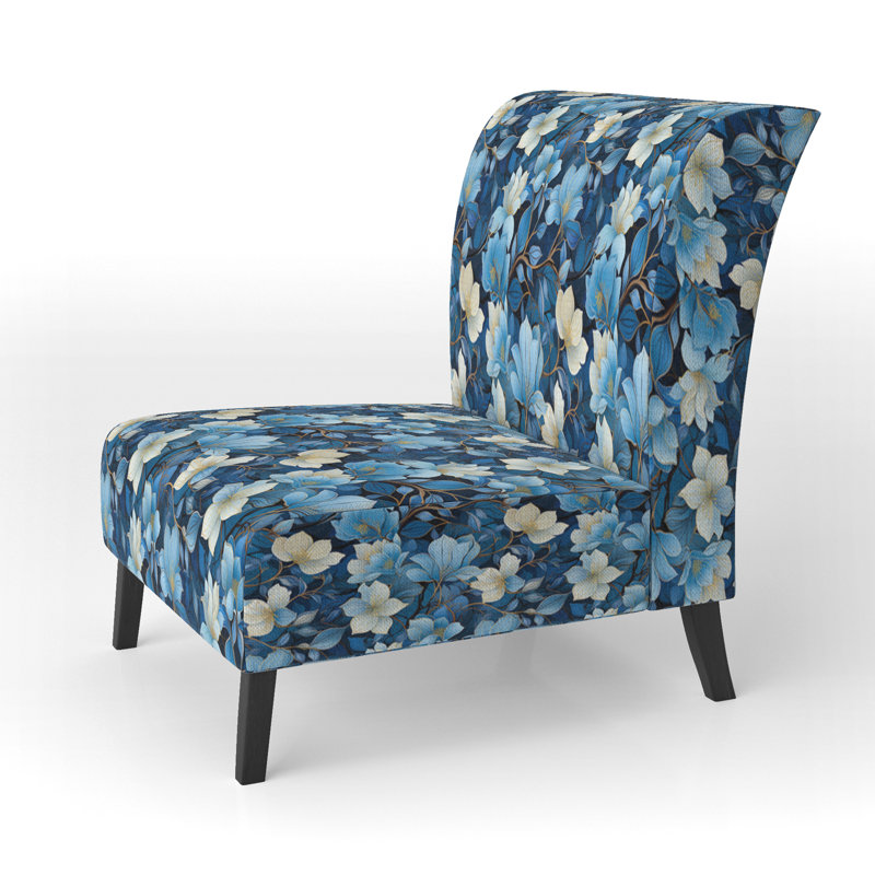 Fauteuil de chambre rembourré blanc et bleu à motif floral III