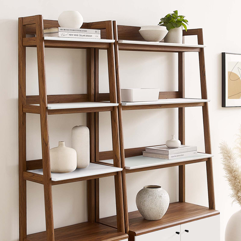 Walnut White Tiered Wood Bookshelves with Concealed Storage