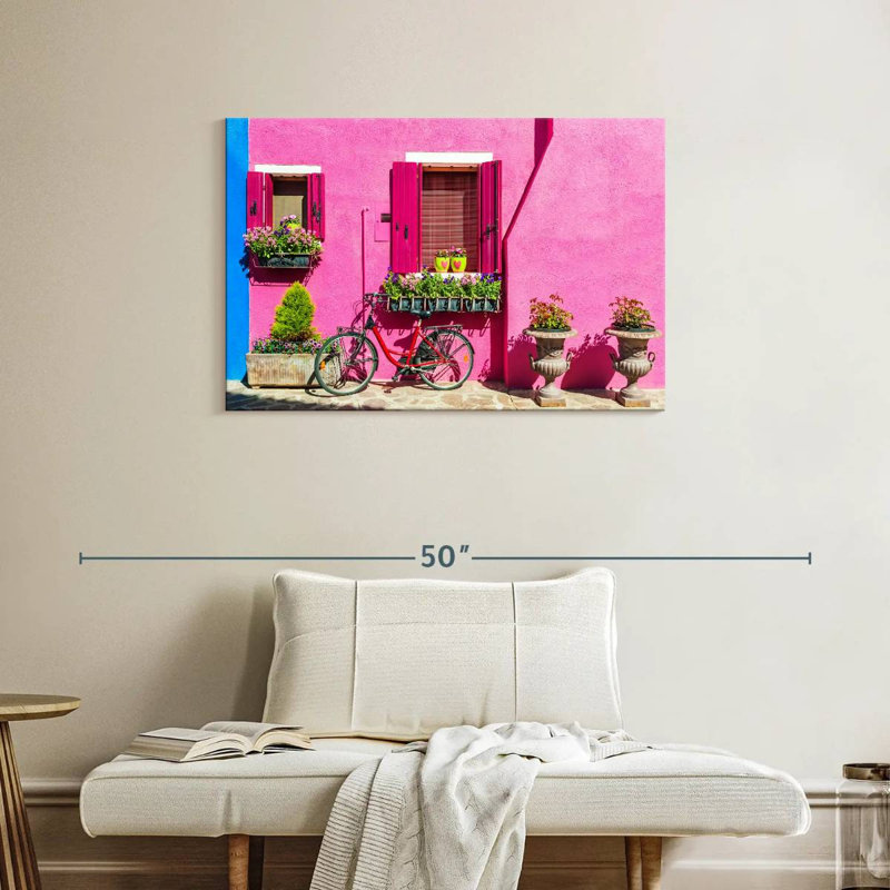 Lilie, maison rose, bicyclette, H 24 po x l 36 po
