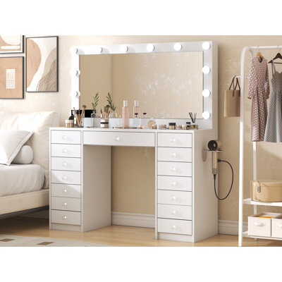 Makeup Vanity with 15 Drawers, Vanity Desk with 12 LED Bulbs and HD Mirror, 3 Color Brightness Adjustable, Vanity Set for Bedroom by Latitude Run
