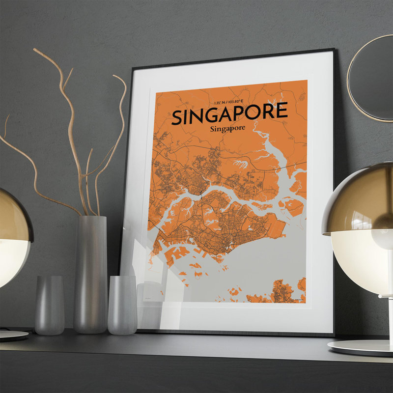 Carte de la ville de Singapour, impression, H 27,6 po x l 19,7 po, Orange / gris
