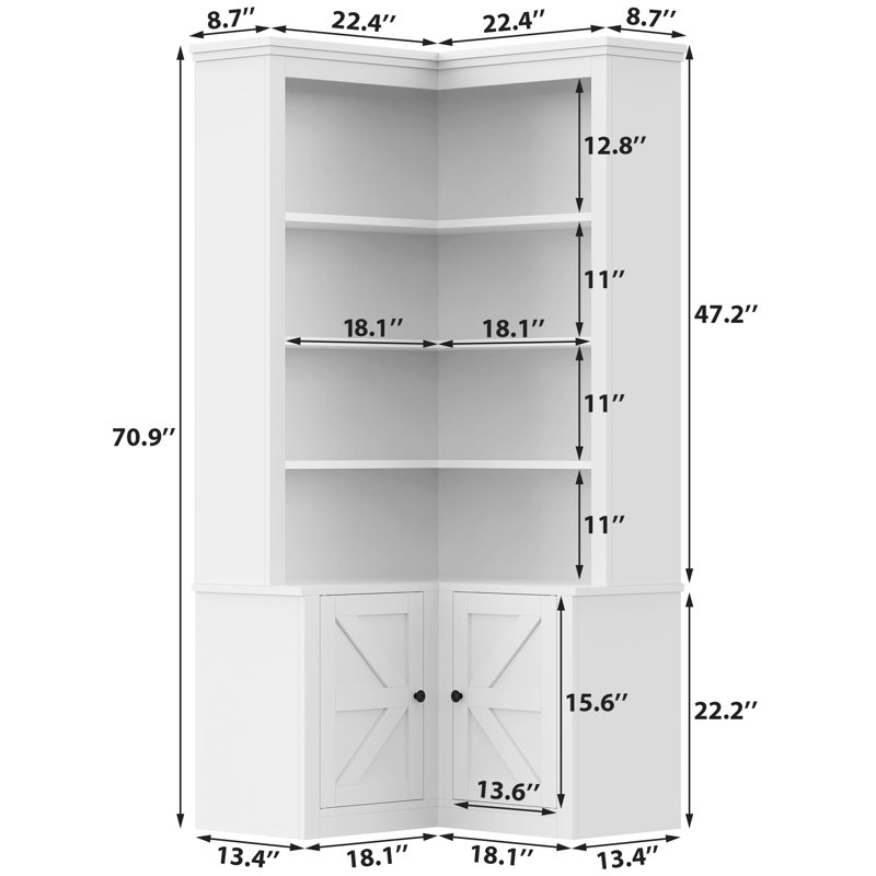 71" L-Shaped Corner Bookshelf With Cabinet Doors