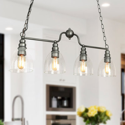 Suspension linéaire à 4 lumières à intensité variable avec verre bullé en argent antique brossé