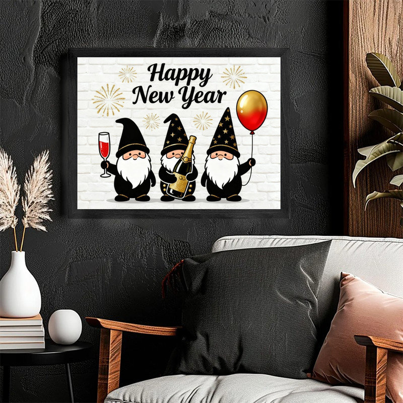 Cadre noir, nouvel an, elf or, feu d'artifice mural, décoration festive, cadre, H 9 po x l 11 po