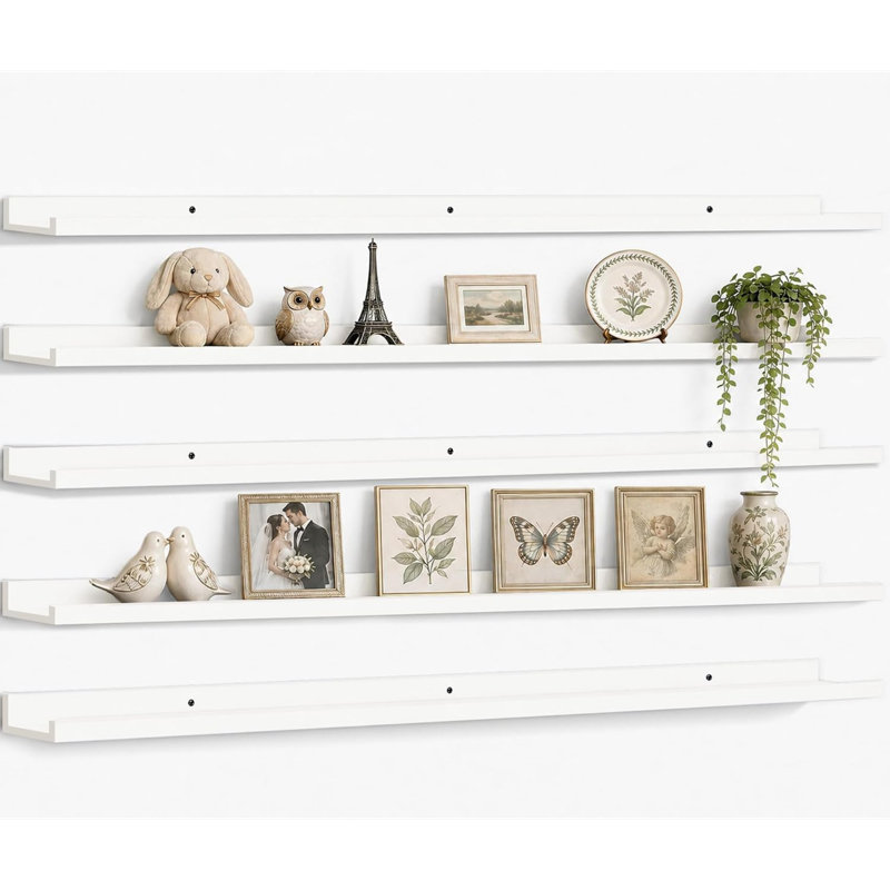 Étagères murales flottantes de 122 cm (48 po) de long, ensemble de 5 tablettes avec rebord, blanches