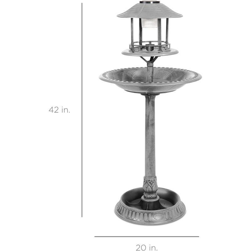Stone Solar-Powered Bird Bath with Planter Base and Lamp